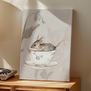 Whimsical Mouse in a Teacup Watercolor Painting Art Print or Canvas, Minimalist Cute Animal Print Nursery Wall Decor, Mice Kitchen Poster