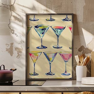 Martini Glasses Watercolor Print Poster or Canvas, Summer Cocktail Glasses Pastel Wall Art, Colorful Martini Bar Cart Print, Kitchen Decor