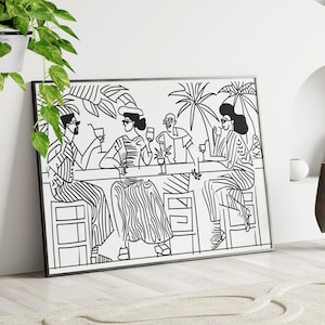 Black And White Fun Party In Bar Station Wall Art Print or Canvas, Aesthetic Drinking Cocktails Print, Bar Cart Perfect Gift For Party Lover