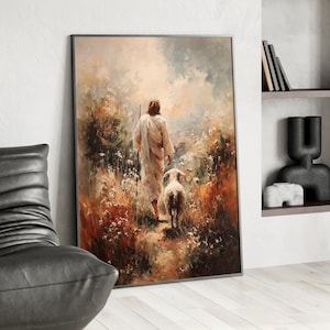 Jesus Leaves The 99 Abstract Painting Poster or Canvas Print, Parable Lost Sheep Print, Oil Painting Rustic Home Decor, Christian Wall Art