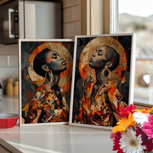 Abstract African Woman 2 Piece Set Wall Art Poster or Canvas Print, Black Woman Wall Art, Bold Gold Geometric Art, Dark Modern Tribal Decor