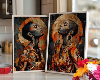 Abstract African Woman 2 Piece Set Wall Art Poster or Canvas Print, Black Woman Wall Art, Bold Gold Geometric Art, Dark Modern Tribal Decor