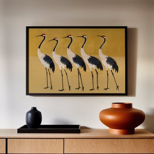 Vintage Japanese Cranes Mustard Yellow Wall Art Canvas or Poster Print, Japanese Bird Wall Art, Vintage Wall Art, Crane Asian Bird Painting