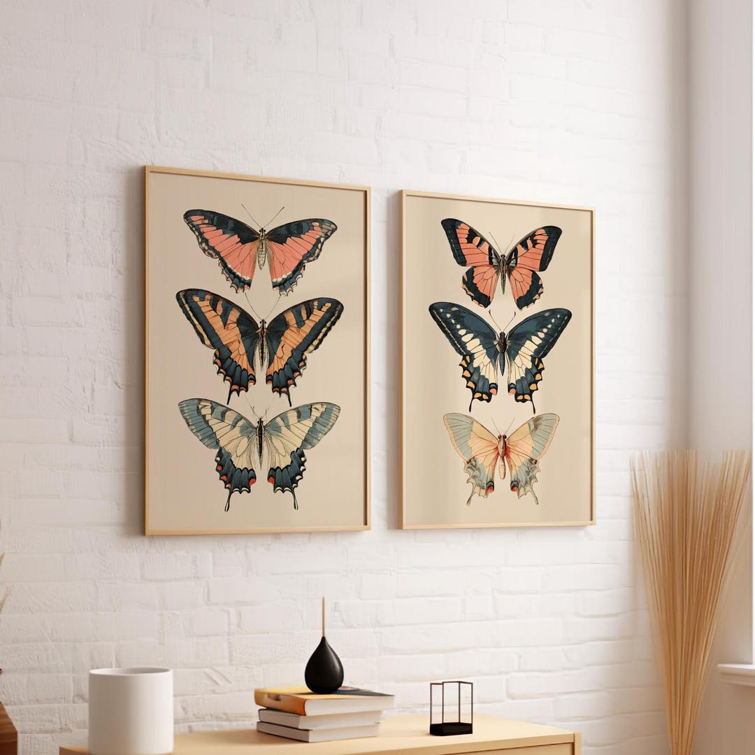 Vintage Butterfly Print Set of 2 Poster or Canvas, Boho Wall Art, Two ...