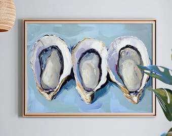 Ocean Oysters Oil Painting Pale Blue Wall Art Poster or Canvas Print, Abstract Sea Shell Print, Beach House Decor, House By The Sea Decor