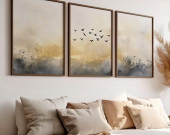 Minimalist Watercolor Birds in Sky Art Set of 3 Poster or Canvas Prints, Abstract Gray Gold Art, Serene Landscape Tranquil Nature Wall Decor