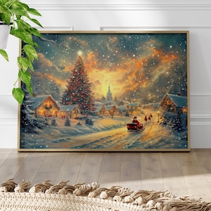 Snowy Village Sunset Santa Sleigh and Reindeer Watercolor Painting Poster or Canvas Print, Charming Christmas Tree Scene Festive Holiday Art