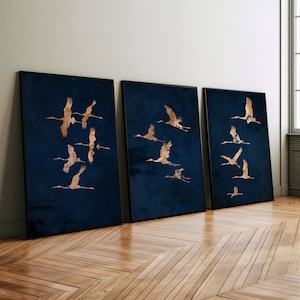 Flying Cranes Dark Blue Set of 3 Wall Art Japandi Decor or Canvas, Blue and Gold Japanese Wall Art, Minimalist Bird Japanese Poster Print