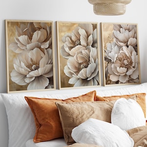 White Peonies Gold Painting 3 Piece Set Poster or Canvas Print, Floral Golden Wall Art, Elegant Abstract Flower Art Botanical Home Decor