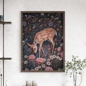 Deer Grazing in a Field Classic Vintage William Morris Inspired Oil Painting Poster or Canvas Print, Floral Deer Art Dark Cottagecore Decor