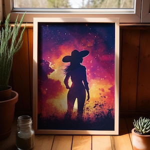Elegant Cowgirl Silhouette Cosmic Sunset Dark Blue Wall Art Poster or Canvas Print, Vibrant Galaxy Colors Celestial Woman Western Modern Art