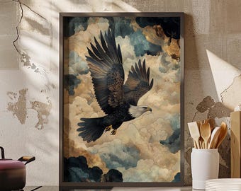 Majestic Eagle Soaring Through the Clouds Classic Vintage Oil Painting Poster or Canvas, Elegant Eagle Wall Art, Soaring Bald Eagle Print
