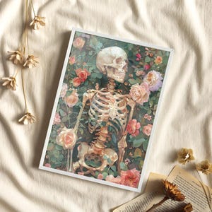 Pastel Color Skeleton With Roses Botanical Art Print Poster or Canvas, Floral Gothic Art Print, Floral Skeleton Dark Academia, Skull Print