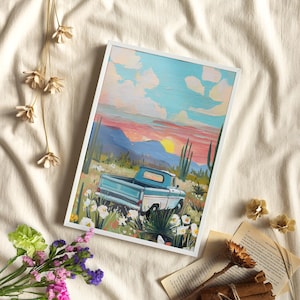 Vintage Truck Desert Art Painting Poster or Canvas Print, Sunset Western Landscape Print, Southwest Travel Wall Decor, Texas Botanical Art