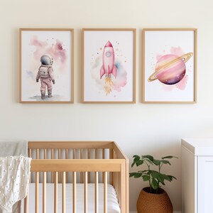 Pink Nursery Decor Space Girl Set of 4 Poster or Canvas, Nursery Wall ...