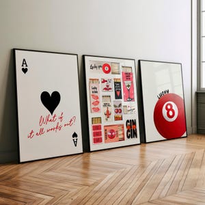 Retro Trendy Wall Art Print or Canvas Set, Vintage Matchbox Ace of Hearts and Lucky 8 Pool Ball Print, Funky Aesthetic Print, Lucky You Art