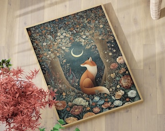 Enchanted Fox in Moonlit Forest Art Poster or Canvas Print, Vintage Fox Art, Dark Academia Decor, William Morris Inspired Mystical Print