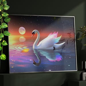 Colorful Swan on the Lake Wall Art Poster or Canvas Print, Magical Starry Night Sky Art, Moon On Horizon Wall Art, Dreamy Fantasy Poster