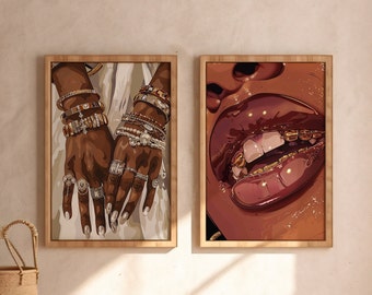 Set of 2 Luxurious Stylish Black Woman Wall Art or Canvas, Sophisticated Woman Wall Art, Elegant Beautiful Woman Art Print Boho Feminine