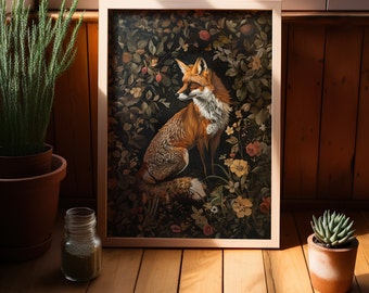 Fox William Morris Wall Art Print or Canvas, Vintage Country Floral Gift For Her in Cottagecore Dark Academia Decor, Mid Century Botanical