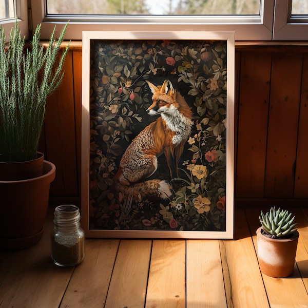 Fox William Morris Wall Art Print or Canvas, Vintage Country Floral Gift For Her in Cottagecore Dark Academia Decor, Mid Century Botanical