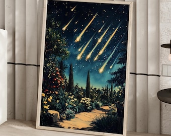 Meteor Shower Above Botanical Garden Vintage Painting Poster, Starry Night Sky Dark Cottagecore Decor, Quadrantids Meteor Above Bed Wall Art