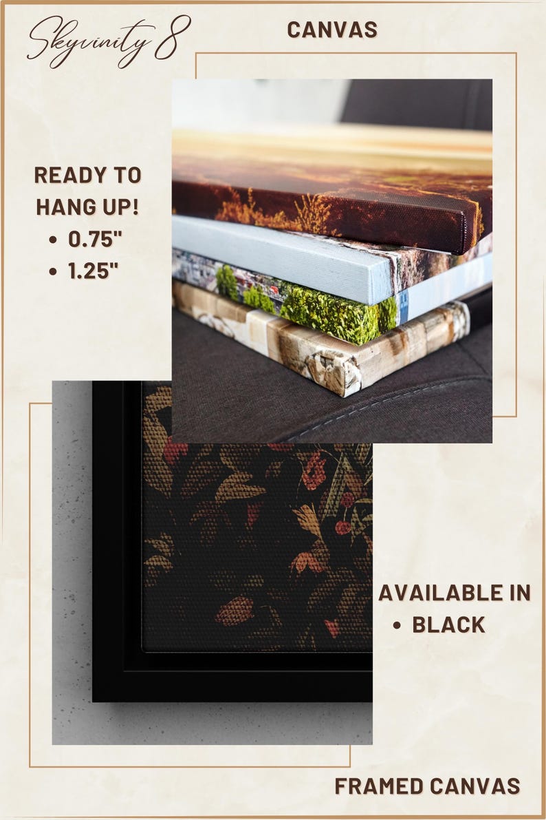 May include: Close-up of a framed canvas print with a dark floral design. The frame is black and the canvas is stretched over a wooden frame. The canvas is ready to hang with a hanging depth of 0.75 inches or 1.25 inches. The canvas is available in black.
