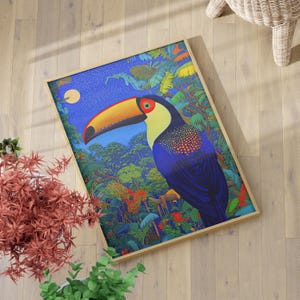 Vibrant Toucan Rainforest Art Print or Canvas, Colorful Nature Decor, Tropical Bird Painting, Wildlife Art Lush Jungle Poster Forest Animal