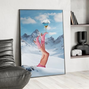 Retro Cloud Martini Pink Boots Wall Art Poster or Canvas Print, Trendy Coquette Poster, Cowgirl Martini Print, Preppy Western Fashion Art