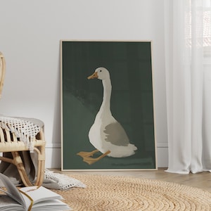 Lustige sitzende Gans Leinwand oder Poster Druck, Alberne Gans Kunstdruck, Tier Kunstdruck, Bauernhof Tier Illustration Grünes Kinderzimmer Wand Dekor