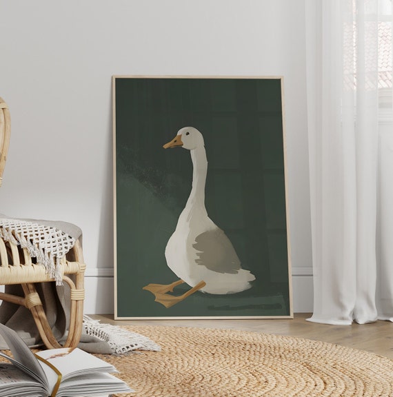 Whimsical Sitting Goose Canvas or Poster Print, Silly Goose Art Print, Animal Art Print, Farm Animal Illustration Green Nursery Wall Decor