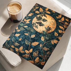 Witchy Golden Moon Botanical Moody Art Poster or Canvas, Celestial Vintage William Morris Style Painting Whimsigoth Artwork Dark Cottagecore