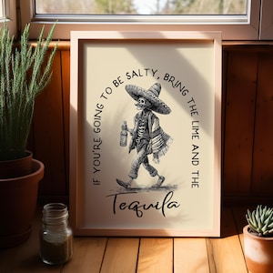 Funny Tequila Western Wall Art Poster or Canvas Print, Skeleton Bar Decor, Salty Lime Quote, Bar Cart Art Print, Vintage Kitchen Poster Gift