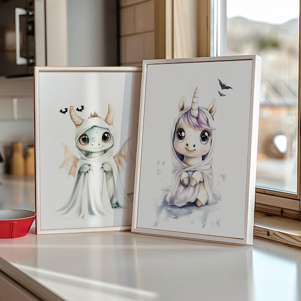 Baby Dragon and Unicorn in Ghost Sheet Costume 2 Piece Set Nursery Halloween Art Poster or Canvas Print, Cute Dragon and Unicorn Ghosts Art