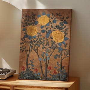 Vintage Gold and Red Roses Painting Poster or Canvas Print, Abstract Flowers Botanical Wall Art, Rustic Vintage Floral Cottagecore Decor