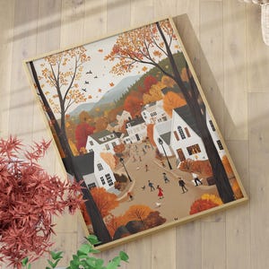 Charming Autumn Scene of Old New England Town Art Poster or Canvas Print, Cozy Cottagecore Fall Wall Art, Warm Earthy Tones, Cute Fall Decor