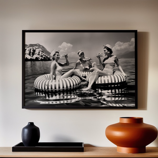 Floating Ladies Pizza Time Canvas or Poster Print, Women Eating Pizza on Water Floaties, Vintage Black and White Art Print, Ocean Art Print