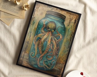 Octopus In Mason Jar Watercolor Art Print, Nautical Decor Sea Life Wall Art Animal, Deepsea Escape Room Bathroom Poster, Ocean Creature Art