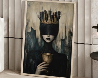 Queen of Literature Oil Painting Poster or Canvas Print, Gothic Dark Art Wall Decor, Woman with Crown and Books Mysterious Feminine Wall Art