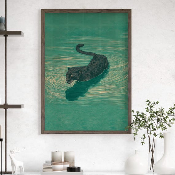 Black Panther Swimming in Calm Green Water Wall Art Poster or Canvas Print, Japanese Ukiyo-e Tiger Art, Asian Inspired Minimalist Wall Decor