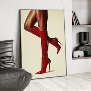 Trendy Retro Red Boots Modern Minimalist Poster or Canvas Print, Preppy Bar Cart Dorm Magazine Cover Aesthetic, Vintage Feminist Art Print