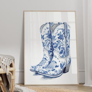 Chinoiserie Print Cowgirl Boots Blue Watercolor Art Print Poster or Canvas Print, Western Chinoiserie Decor, Cowboy Boots Trendy Wall Art