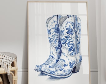Chinoiserie Print Cowgirl Boots Blue Watercolor Art Print Poster or Canvas Print, Western Chinoiserie Decor, Cowboy Boots Trendy Wall Art