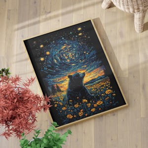 Black Bear in the Wildflower Field Under Swirling Starry Night Sky Van Gogh Inspired Art Print Poster or Canvas, Sunset Galaxy Dark Wall Art