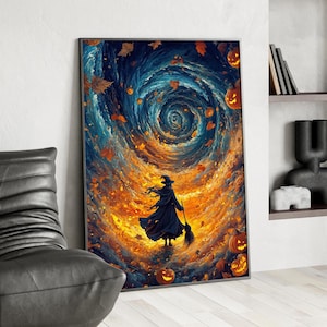 Surreal Witch in Swirling Leaves Poster or Canvas Print, Whimsical Halloween Decor, Cute Autumn Fantasy Art with Pumpkins and Spiral Sky