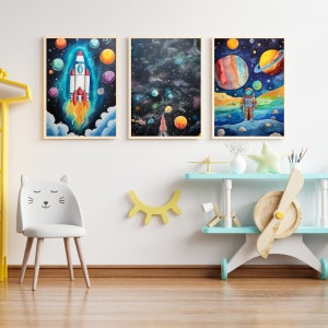 Dekoracje do pokoju dziecięcego dla chłopca lub dziewczynki z motywem kosmosu, wydruki lub płótno z motywem astronauty, sztuka do pokoju dziecięcego, akwarelowy wydruk z motywem kosmosu, zestaw 3 grafik ściennych z motywem kosmosu