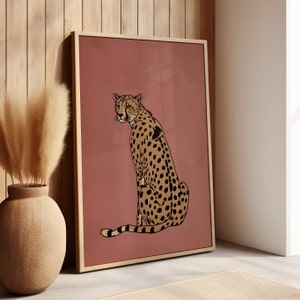 Illustration de guépard, impression d'affiche d'art rose vintage ou toile, décoration murale léopard vintage, impression de guépard minimaliste rétro, impression d'art animalier
