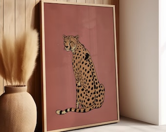 Illustrazione di ghepardo, poster vintage rosa o tela, decorazione murale leopardata vintage, stampa artistica minimalista retrò con stampa di ghepardo.