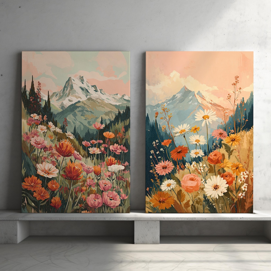 Boho Wildflower Mountain Sunset Wall Art Set of 2 Poster or Canvas ...