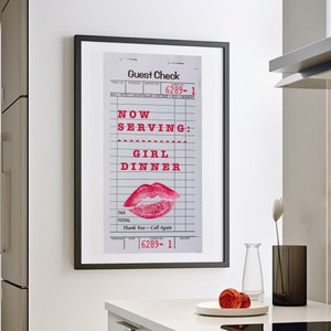 Now Serving Guest Check Art Print Poster or Canvas Print, Girl Dinner Print, Girly Kitchen Art, Pink Bar Cart Decor, Girl Pink Wall Art